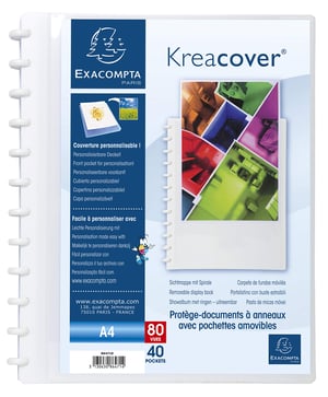 Dosar cu inele pentru prezentare Exacompta Kreacover 86471E, 40 de buzunare detașabile, A4, alb, copertă rigidă opacă din polipropilenă, pentru birou și școală