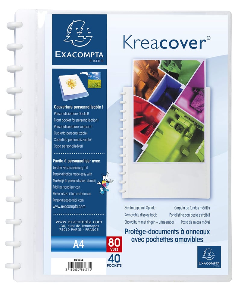 Dosar cu inele pentru prezentare Exacompta Kreacover 86471E, 40 de buzunare detașabile, A4, alb, copertă rigidă opacă din polipropilenă, pentru birou și școală