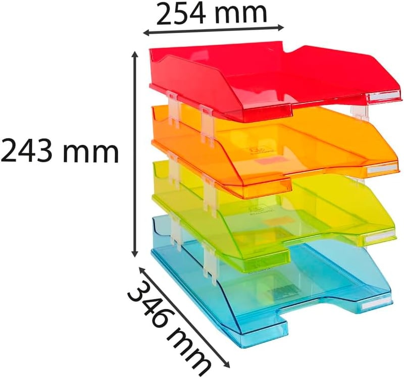 Exacompta Premium Levéltálca Szett A4 Színes Átlátszó Stackable Szerveződoboz - 37.5 x 26 x 14.6 cm, Assorted Colours, Translucent