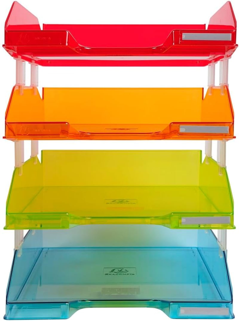 Exacompta Premium Levéltálca Szett A4 Színes Átlátszó Stackable Szerveződoboz - 37.5 x 26 x 14.6 cm, Assorted Colours, Translucent