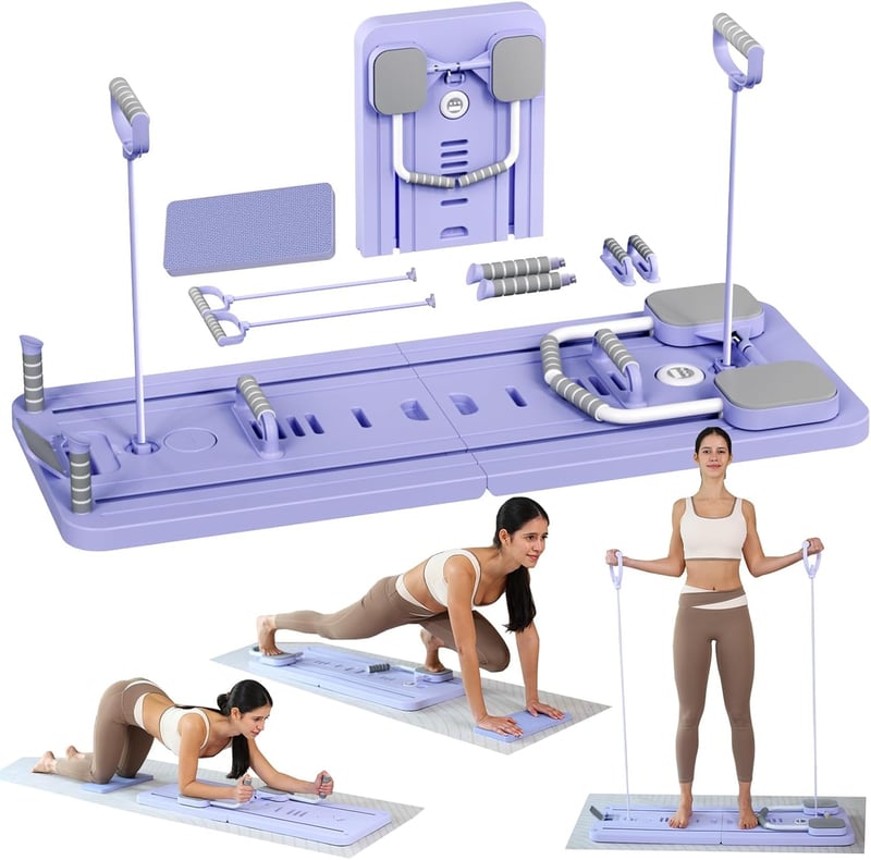 ExeractFit Pilates Board 2025 továbbfejlesztett összecsukható Pilates reformer gépkészlet otthoni multifunkcionális hasizom-edzőhöz automatikus visszapattanó otthoni edzőberendezésekhez (lila)