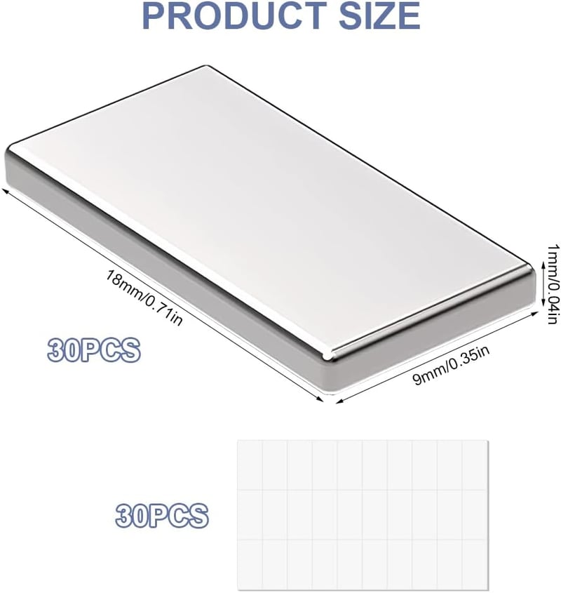 EXIN DEHCEN 30 db Öntapadós Neodímium Mini Mágnes - Erős Lapos Téglalap Alakú 20x10x1 mm Fém Mágnesek Fehértáblához, Hűtőhöz, Fotókhoz