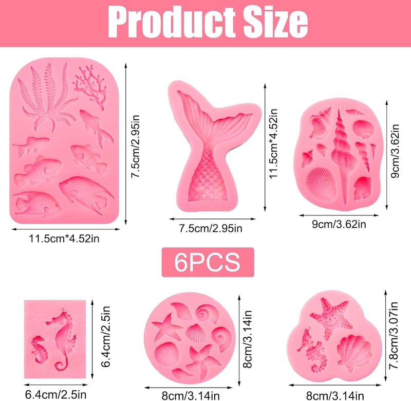 EXIN DEHCEN 6 db-os Sellő Szilikon Sütőforma Készlet - 3D Tengeri Formák Tortadíszítéshez, Fondanthoz, BPA-mentes, Csokoládé és Sütemény Kés