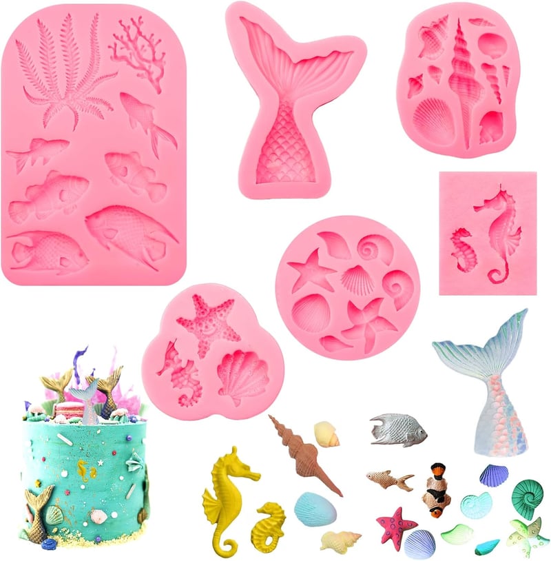 EXIN DEHCEN 6 db-os Sellő Szilikon Sütőforma Készlet - 3D Tengeri Formák Tortadíszítéshez, Fondanthoz, BPA-mentes, Csokoládé és Sütemény Kés
