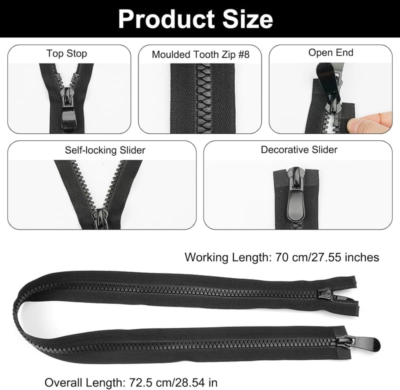 EXIN DEHCEN 70 cm-es Fekete Cipzár #8 - Kétirányú Szétnyitható Cipzár Kabátokhoz, Dzsekikhez, Táskákhoz és Ágyneműhöz - Varrási Kellék