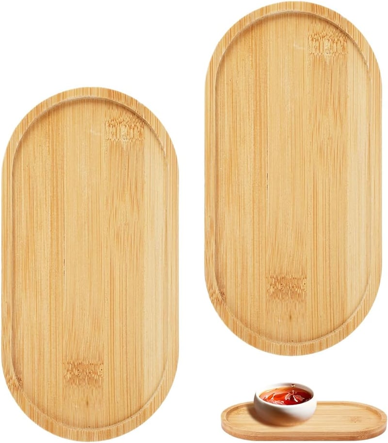 EXIN DEHCEN Bambusz Ovális Tálca Szett 2db - Mini Fa Kínálótálcák Süteményhez, Teához, Kávéhoz - Dekoratív Kiszolgáló Tálca 19,5x15cm