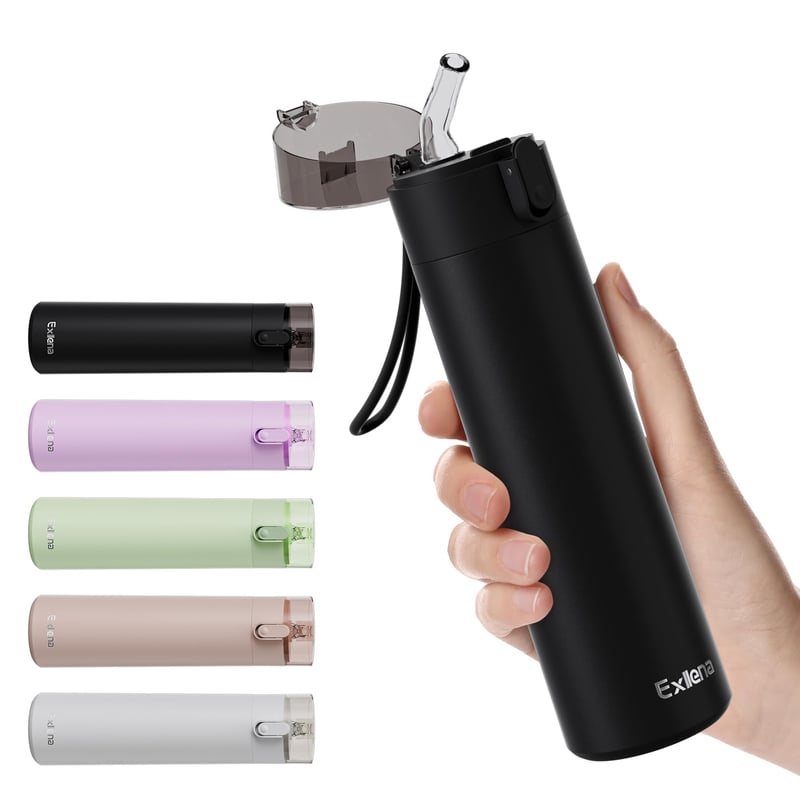 Exllena Malá fľaša na vodu 270 ml z nehrdzavejúcej ocele so slamkou, ovládanie jednou rukou, 100 % tesniaca, ultra kompaktná, ideálna na outdoor, do kancelárie a na cesty