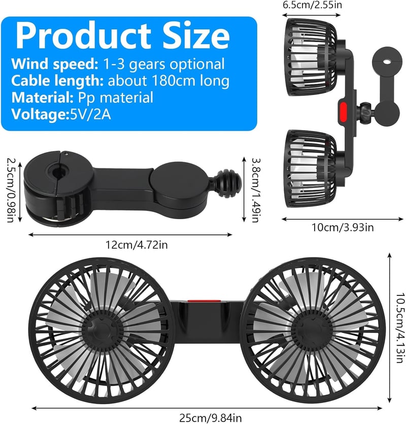 Exsivemy USB autós ventilátor 360° forgó dupla fej 2 sebességgel