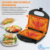 Aparat pentru sandvișuri Extralink 750W – Strat antiaderent, mâner izolat termic, picioare antiderapante, indicator luminos, încălzire rapidă, curățare ușoară, 2 felii, sandvișuri triunghiulare 4