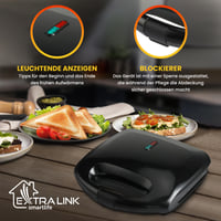 Aparat pentru sandvișuri Extralink 750W – Strat antiaderent, mâner izolat termic, picioare antiderapante, indicator luminos, încălzire rapidă, curățare ușoară, 2 felii, sandvișuri triunghiulare 3