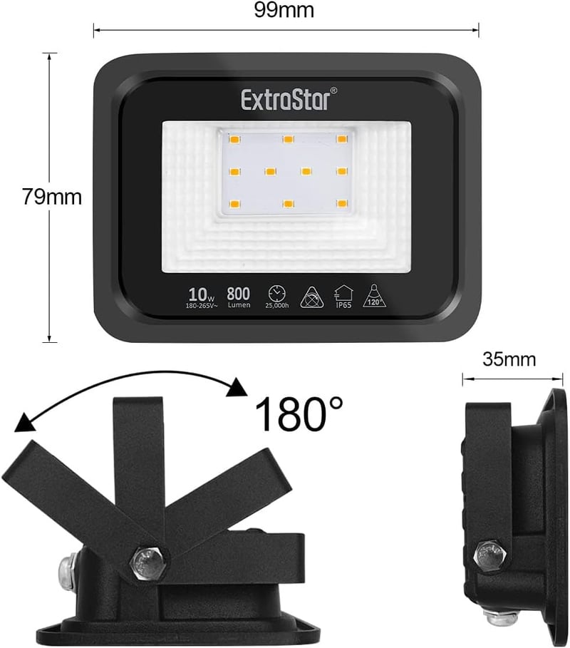 EXTRASTAR 10W LED Kültéri Reflektor 2 Darabos Szett, 800 lm Melegfehér Fényszóró IP65 Vízálló Kerti Világítás Udvar Garázs