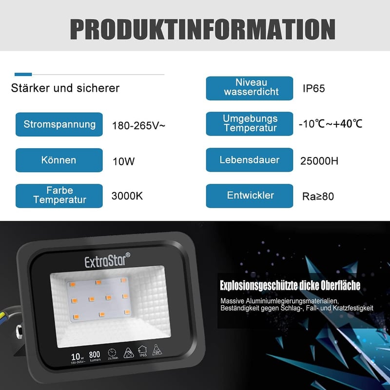 EXTRASTAR 10W LED Kültéri Reflektor 2 Darabos Szett, 800 lm Melegfehér Fényszóró IP65 Vízálló Kerti Világítás Udvar Garázs