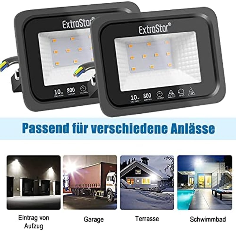 EXTRASTAR 10W LED Kültéri Reflektor 2 Darabos Szett, 800 lm Melegfehér Fényszóró IP65 Vízálló Kerti Világítás Udvar Garázs