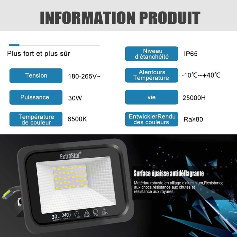 EXTRASTAR 30W LED Reflektor IP65 Vízálló 2400 Lm Hideg Fehér Kültéri Lámpa