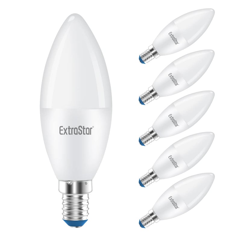 EXTRASTAR E14 LED Izzó, C37, 6W (48W), 480lm, 6500K Hideg Fehér, Nem Szabályozható, 6 Darabos Csomag, Energiatakarékos