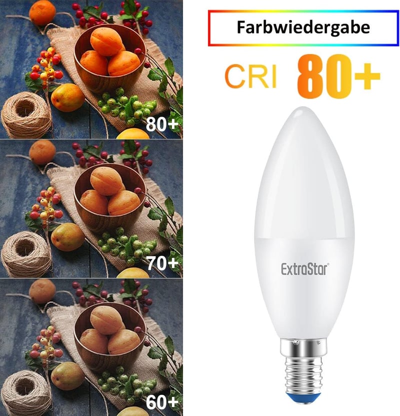 EXTRASTAR E14 LED Izzó Meleg Fehér 6W Gyertya Alakú, 40W Helyettesítő 480 Lumen 3000K C37 Forma, 3 Darabos Csomag