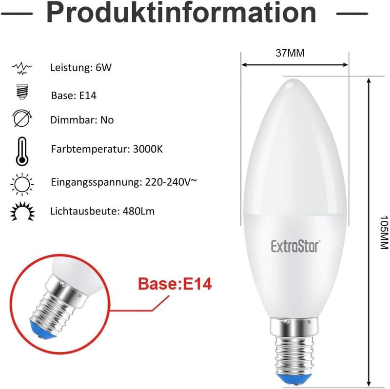 EXTRASTAR E14 LED Izzó Meleg Fehér 6W Gyertya Alakú, 40W Helyettesítő 480 Lumen 3000K C37 Forma, 3 Darabos Csomag