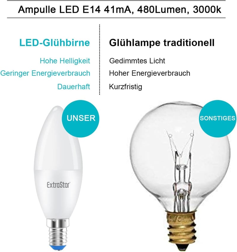 EXTRASTAR E14 LED Izzó Meleg Fehér 6W Gyertya Alakú, 40W Helyettesítő 480 Lumen 3000K C37 Forma, 3 Darabos Csomag
