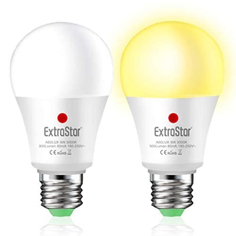 EXTRASTAR LED žiarovka E27 so súmrakovým senzorom, 9W teplá biela 3000K, automatické zapnutie/vypnutie, vonkajšie senzorové svietidlo do záhrady a na verandu, 2 ks