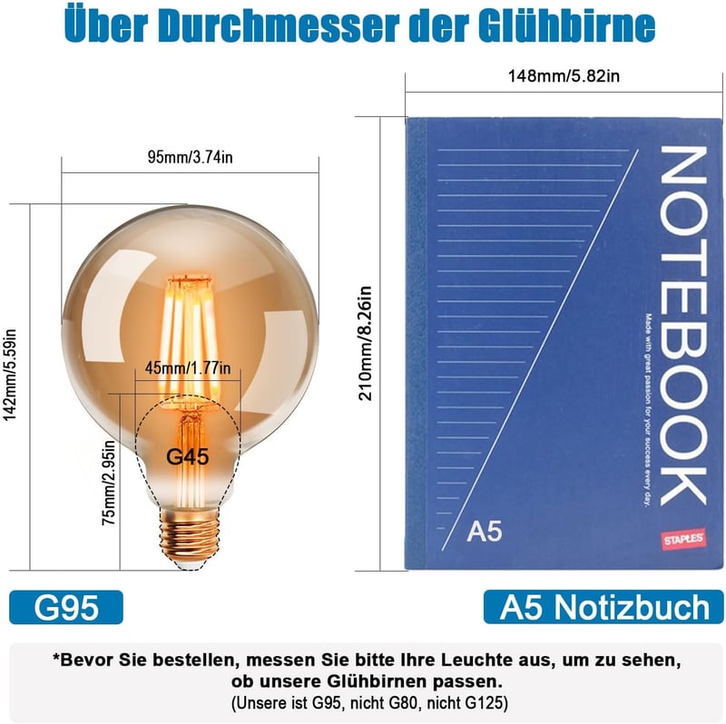 EXTRASTAR Edison Vintage LED Izzó E27 Foglalattal, 4W (40W Helyett), G95 95mm Átmérő, 2200K Meleg Fehér Fény, Borostyán Üveg, 3 Darabos Csom