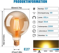 EXTRASTAR Edison Vintage LED Izzó E27 Foglalattal, 4W (40W Helyett), G95 95mm Átmérő, 2200K Meleg Fehér Fény, Borostyán Üveg, 3 Darabos Csom 3
