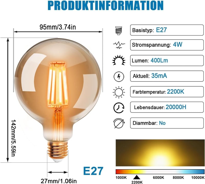 ExtraStar Edison Vintage LED Izzó G95 E27 Filament Lámpa Retro Dekoratív Villanykörte Meleg Fény