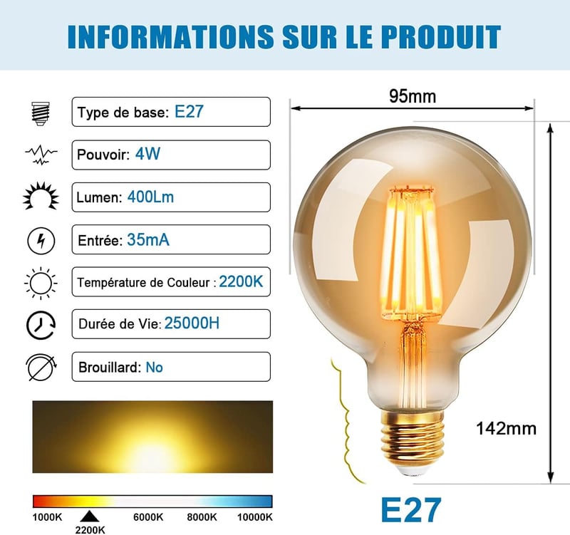 EXTRASTAR G95 E27 Vintage Edison LED Izzó, 4W Meleg Fehér 2200K, Retro Izzószálas Dekoratív Villanykörte, 40W Izzó Helyettesítő, 2 db