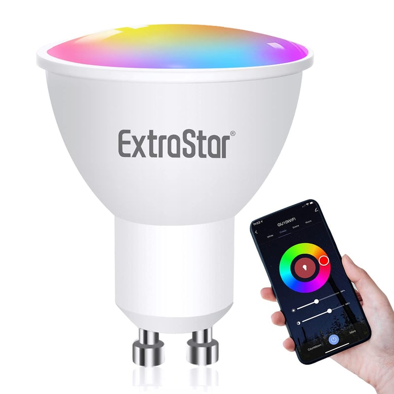 EXTRASTAR GU10 Inteligentná RGBW LED žiarovka 6W, stmievateľná, RGB a teplé biele svetlo, WiFi, kompatibilná s Alexa a Google Home, bez potreby hubu, 1 ks