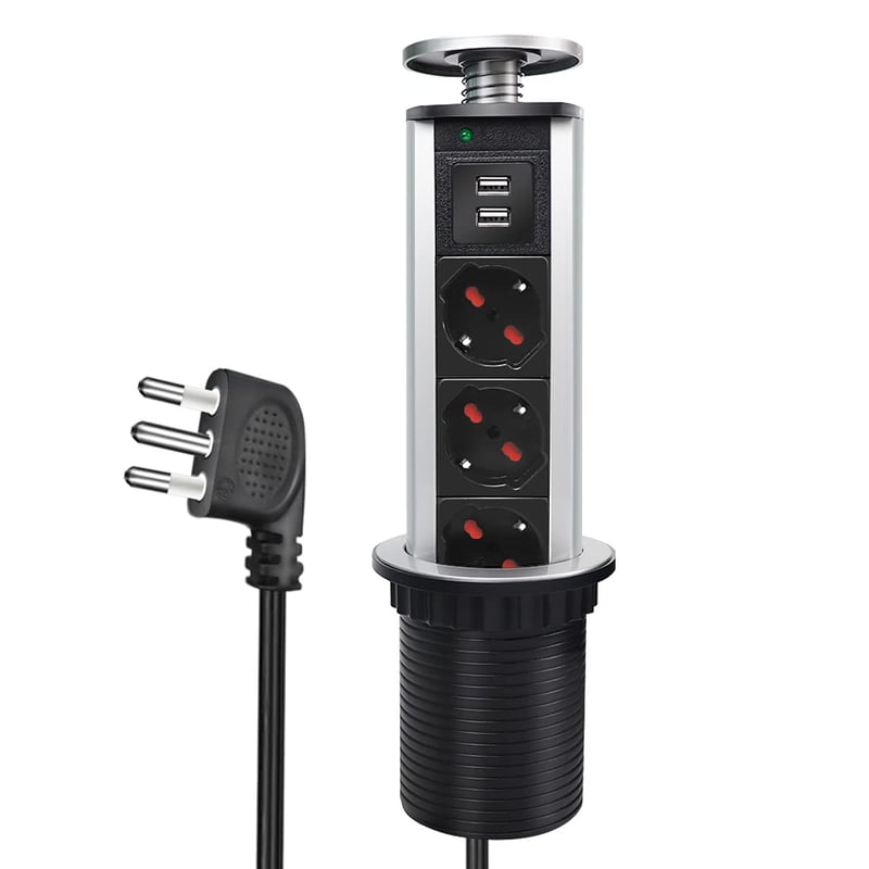 Výsuvná stolová zásuvková veža EXTRASTAR s 2 USB portmi a 3 talianskymi zásuvkami, s ochranou detí, vhodná na kuchynskú linku a do kancelárie
