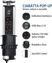 EXTRASTAR kihúzható asztali aljzat torony 2 USB és 3-as olasz konnektor tapelosztó konnektorvédővel konyhapulthoz irodába 2