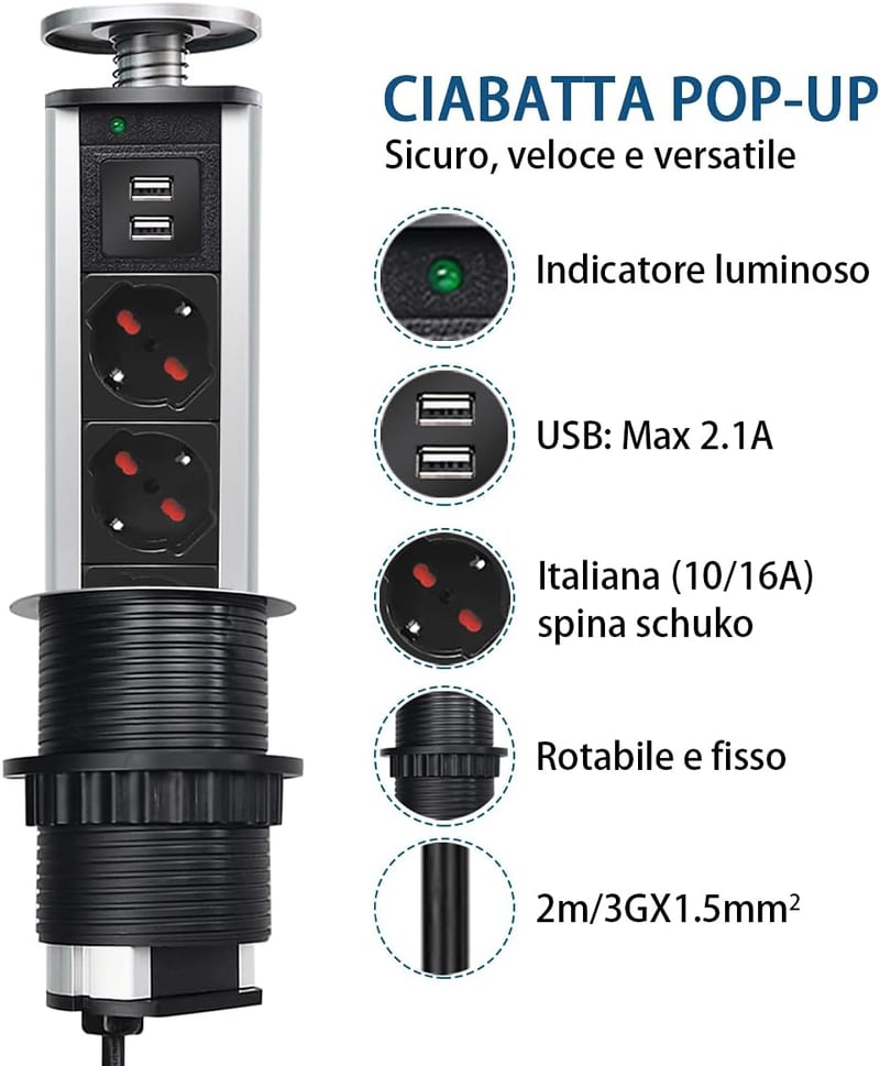 EXTRASTAR kihúzható asztali aljzat torony 2 USB és 3-as olasz konnektor tapelosztó konnektorvédővel konyhapulthoz irodába