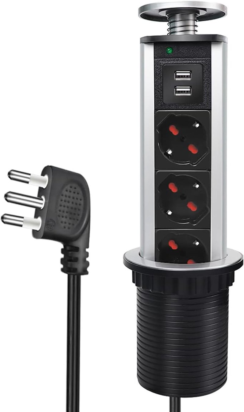 EXTRASTAR kihúzható asztali aljzat torony 2 USB és 3-as olasz konnektor tapelosztó konnektorvédővel konyhapulthoz irodába