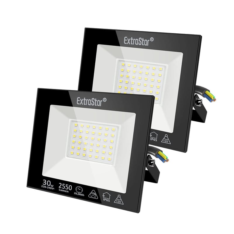 Extrastar LED Vonkajší Reflektor 30W - IP65 Vodotesné Bezpečnostné Osvetlenie, 2550lm, 6500K Studená Biela, Do Záhrady, Na Terasy (2 ks)