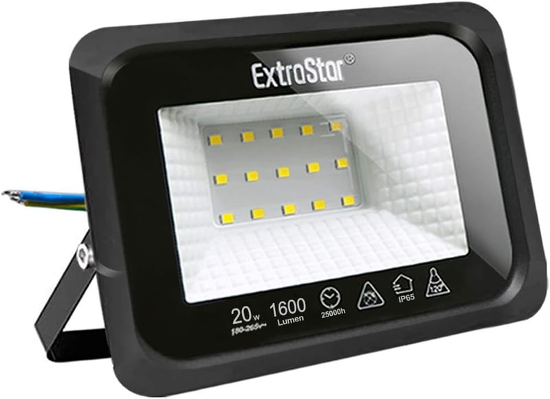EXTRASTAR LED Reflektor 20W IP65 Vízálló Kültéri Világítás 1500LM Hideg Fehér 6500K Kerti Udvari Garázsvilágítás