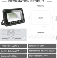 EXTRASTAR LED Reflektor 20W IP65 Vízálló Kültéri Világítás 1500LM Hideg Fehér 6500K Kerti Udvari Garázsvilágítás 2