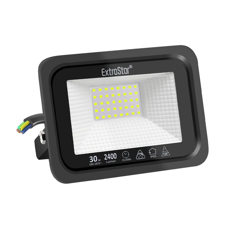 EXTRASTAR LED reflektor 30W IP65 vodotesný, 2400 lm, studená biela 6500K – exteriérový