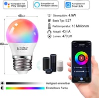 EXTRASTAR Okos LED Izzó E27 WiFi Szabályozható 16 Millió Szín RGB 4.9W Alexa Google Home Kompatibilis 2 Darab 2