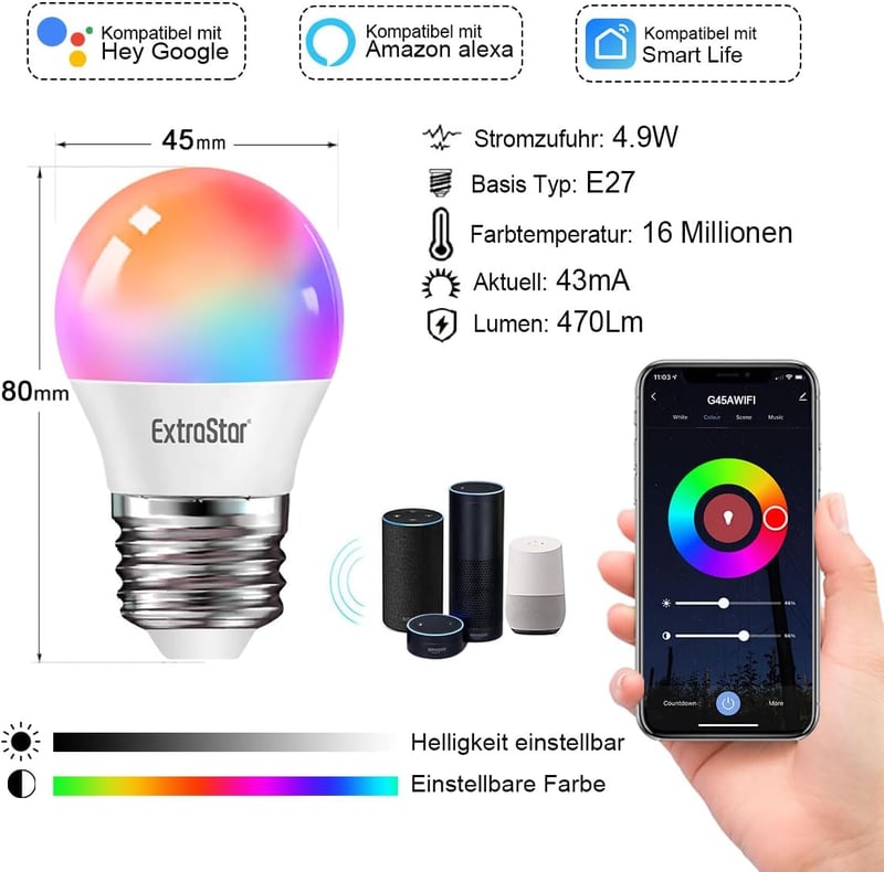 EXTRASTAR Okos LED Izzó E27 WiFi Szabályozható 16 Millió Szín RGB 4.9W Alexa Google Home Kompatibilis 2 Darab