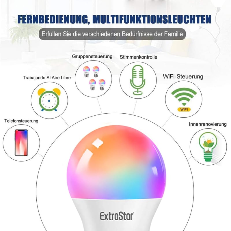 EXTRASTAR Okos LED Izzó E27 WiFi Szabályozható 16 Millió Szín RGB 4.9W Alexa Google Home Kompatibilis 2 Darab