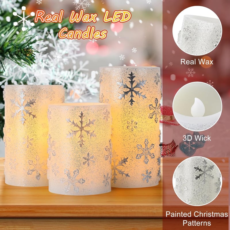 EXTSUD 3 darabos adventi dekoráció LED gyertyákkal, időzítővel, hópehelyes design