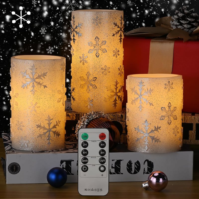 EXTSUD 3 darabos adventi dekoráció LED gyertyákkal, időzítővel, hópehelyes design