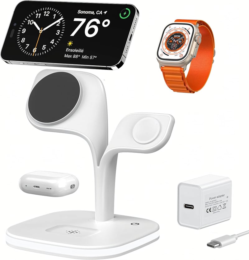 Stație de încărcare inductivă 3 în 1 EXW MagSafe cu lampă, alb - Încărcător wireless rapid pentru iPhone 17 16 15 14 13 12 Pro Max, Apple Watch, AirPods