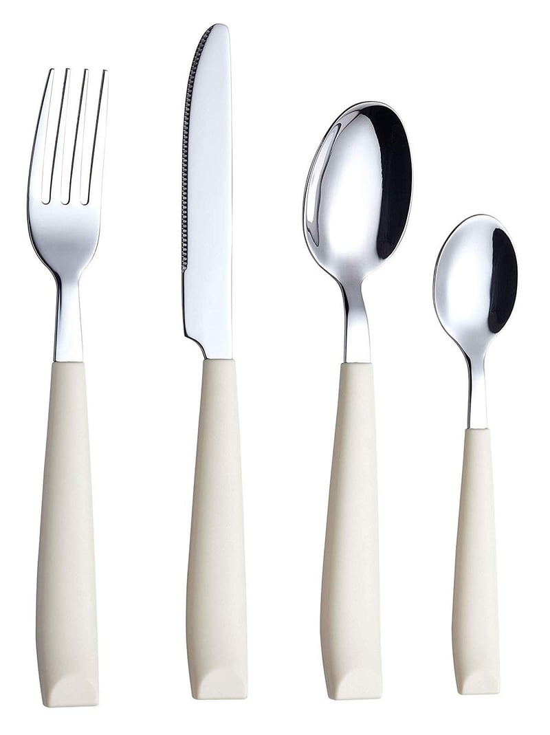 Set de tacâmuri Exzact din 16 piese, din oțel inoxidabil, cu mâner lat, pentru 4 persoane, culoarea crem