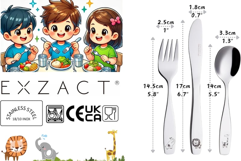 Exzact gyermek evőeszköz szett 6 db rozsdamentes acél 18/10 Safari zsiráf elefánt oroszlán 2 villa 2 gyerek kés 2 kanál kicsiknek