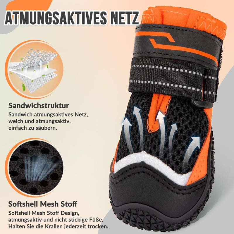Eyein Kutyacipő 2 Pár Légáteresztő Talpvédelem Csúszásmentes Reflexes Velcro Narancssárga
