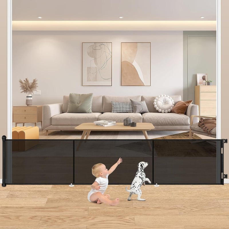 Poartă de Siguranță Retractabilă Eyeleaf pentru Scări și Holuri – Negru, 300x86 cm – Barieră de Protecție pentru Bebeluși și Câini, de Interior și Exterior