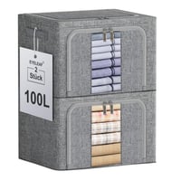 Eyeleaf kutija za pohranu 100L, set od 2 komada, lanena s metalnim okvirom, sklopiva, s prozirnim prozorčićem, patentnim zatvaračem i ručkama, za odjeću i posteljinu 1