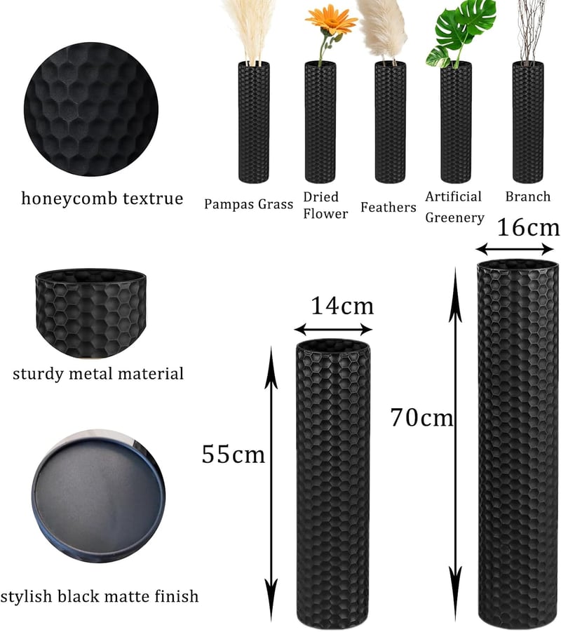 EylKoi 2 db fekete fém álló hengeres padlóváza méhsejt mintával modern sarok dekor H:55+70 cm nappali irodába