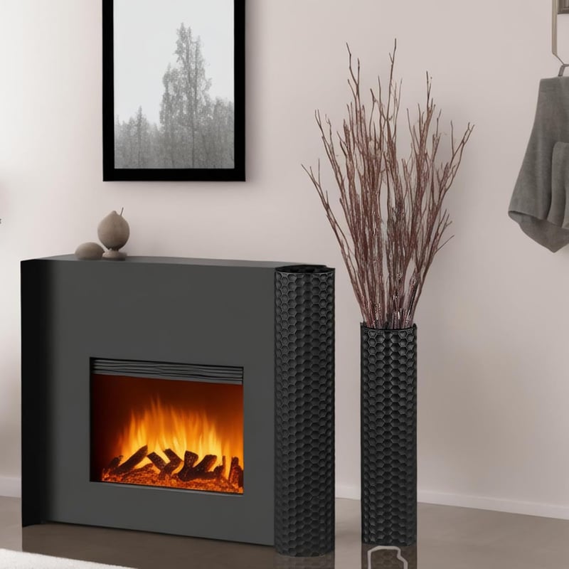 EylKoi 2 db fekete fém álló hengeres padlóváza méhsejt mintával modern sarok dekor H:55+70 cm nappali irodába