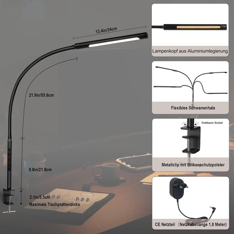 EYOCEAN LED Asztali Lámpa Csiptetős Szemmegóvó Dimmer Időzítő Fekete